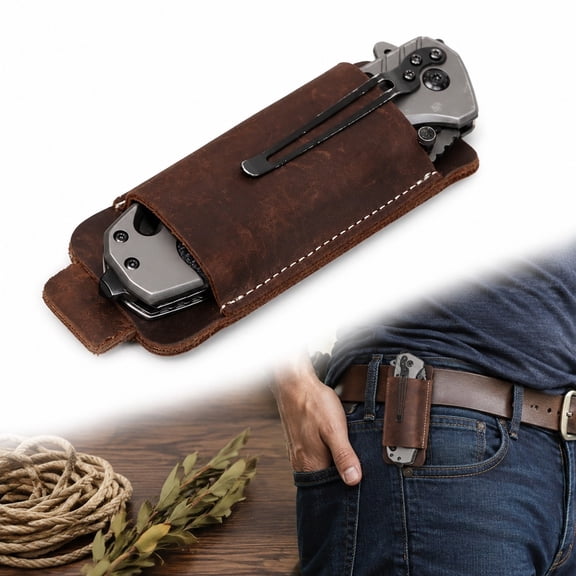 Leather Knife Sheath for Belt, Horizontal Carry Pocket Knife Holder, Belt Pocket Organizer for Men, Knife Holster for Pocket Folding Knife, Brown