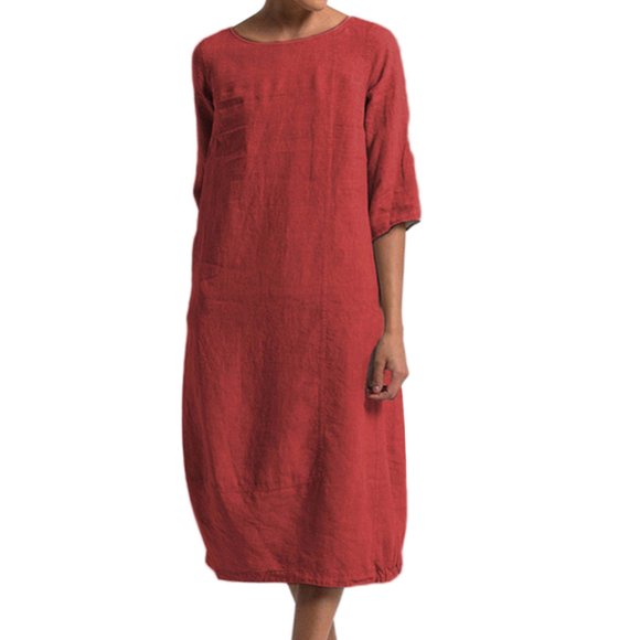 Innerwin Robe Midi Unie Robes pour Femmes Plage Col Rond Confortable Rouge 5TG