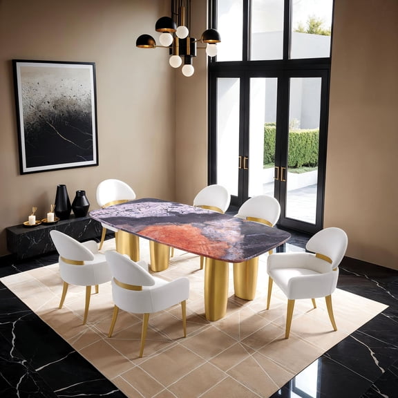 Contemporary Style 7pc Dining Table Set Stainless Steel Sintered Stone Top Cylinderical Base White Gray And Matte Gold Finish Dining Room Furniture