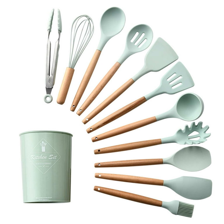 White Silicone Kitchen Utensils Set With Wooden Handle, Suitable