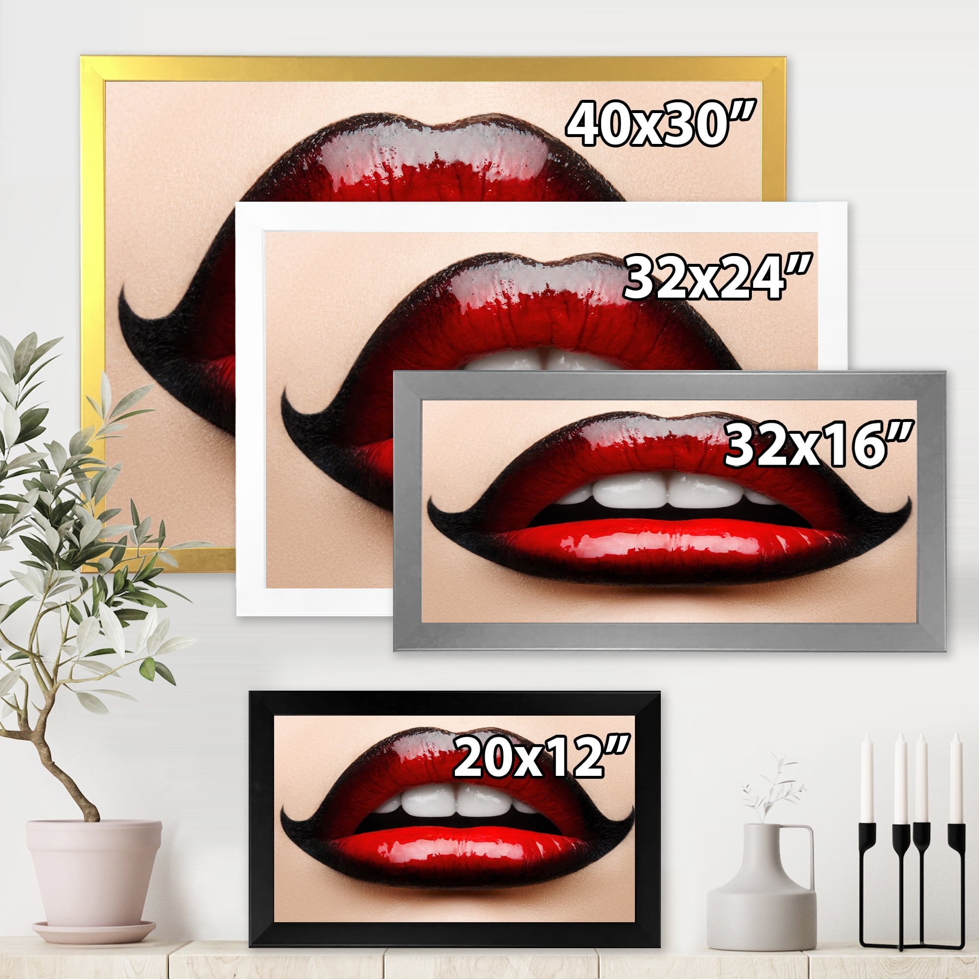 Designart 'Woman Lips With Red and Black Lipstick' Modern Framed Art Print