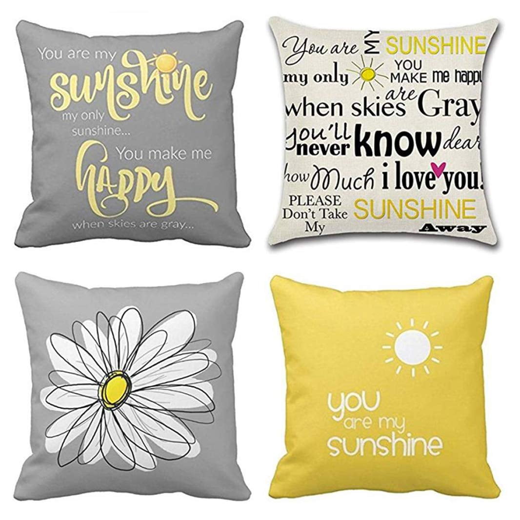 SUFAM Set of 4 Pillow Cases You are My Sunshine Yellow Gray with