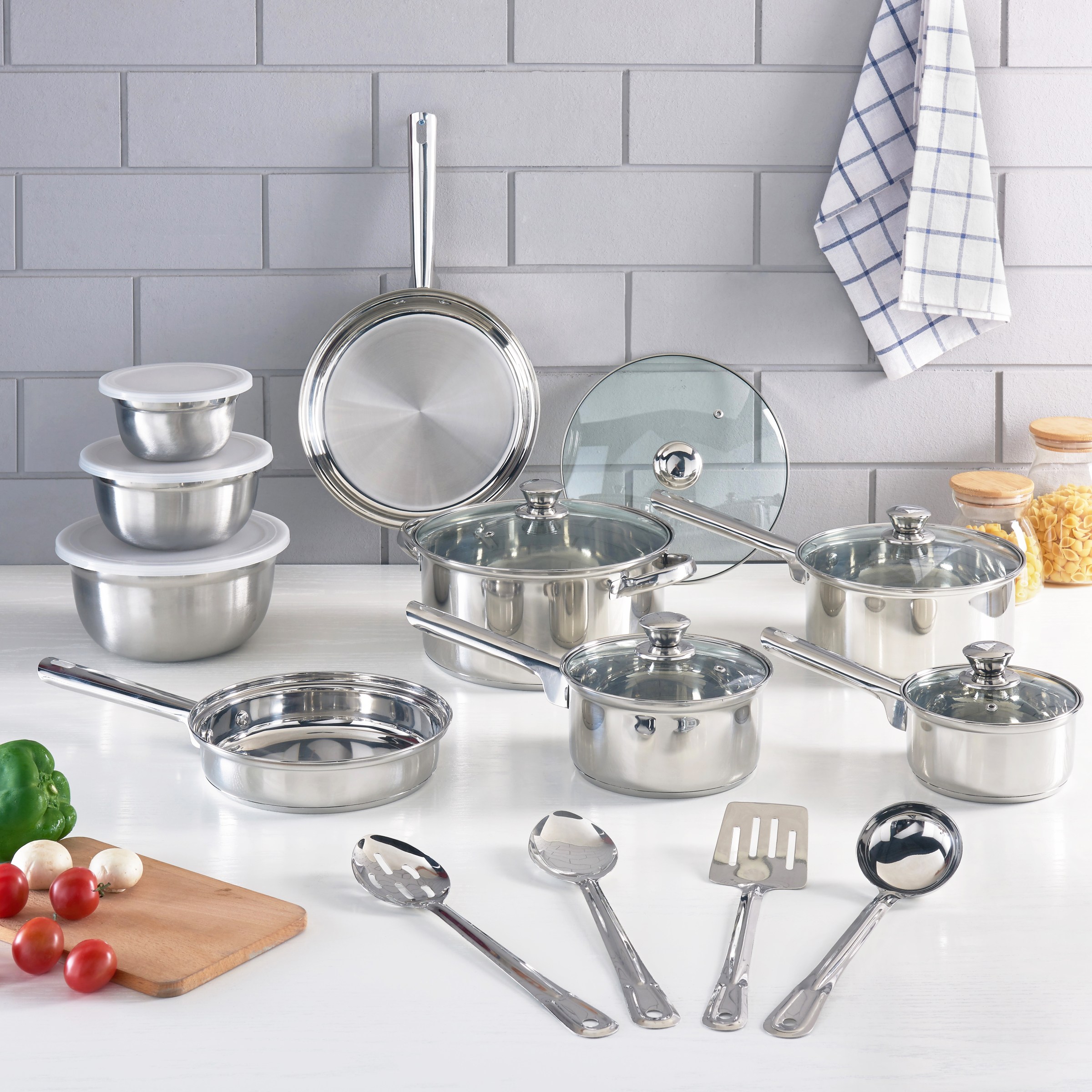 Mainstays Stainless Steel 18 Piece Cookware Set, with Kitchen Tools and Mixing Bowls - image 2 of 12
