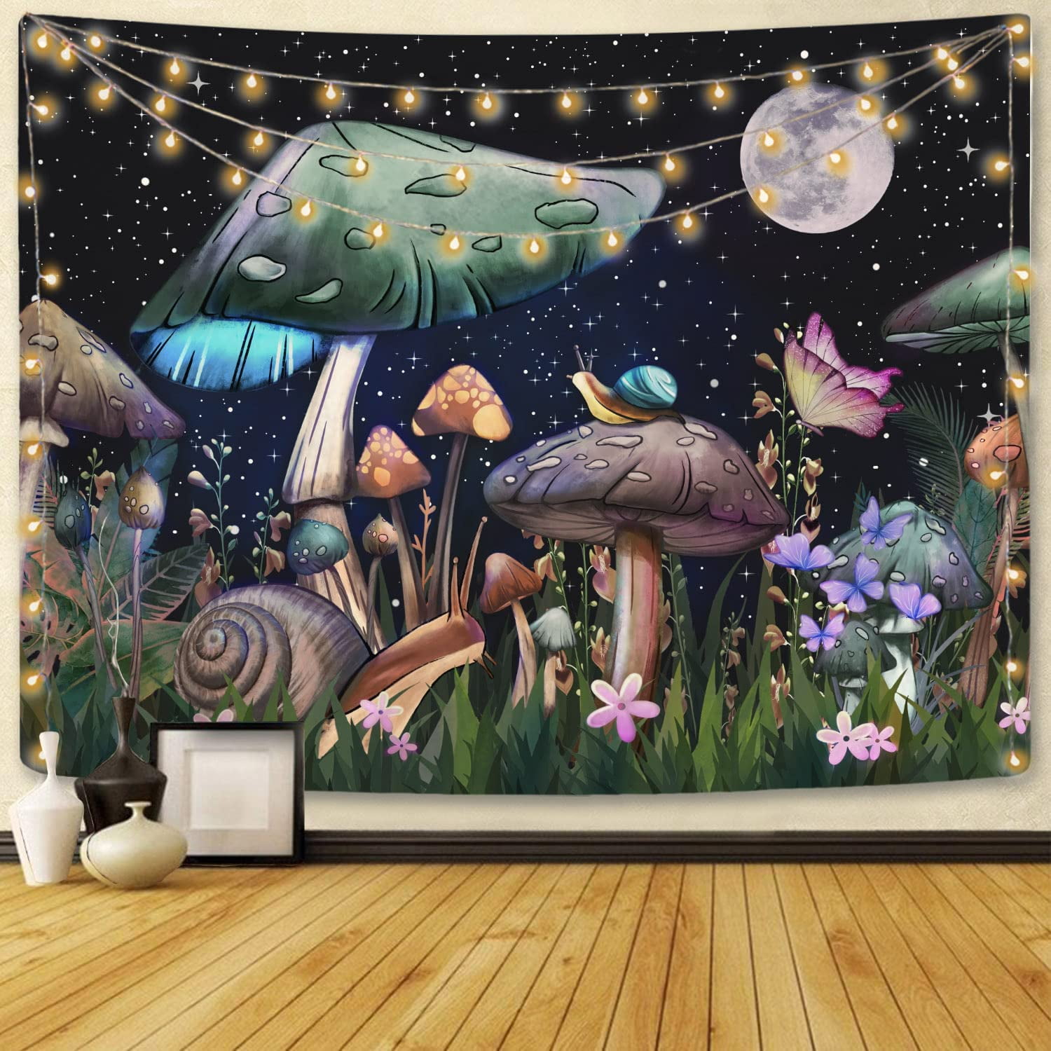 Trippy Mushroom Tapestry Moon and Star Tapestries with Snail Flowers and Plants Wall Hanging for Bedroom 51 60 inch