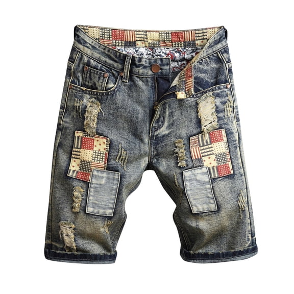 Hpapadks Mens Jean Shorts Ripped Distressed Knee Length Oversized Denim Bermuda Shorts with Pockets Casual Loose Vintage Men Denim Shorts Blue 30