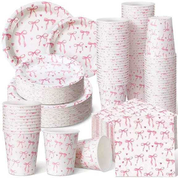 250Pcs Disposable Paper Tableware Set-Pink Plates And Napkins With Bow Design, Bow Decor & Pink Bow Plates, Includes Plates, Napkins, Cups for Baby Shower Decorations, Bridal Shower, Birthday Party