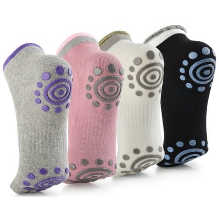 GoYoga Non-Slip Skid Yoga Pilates Cotton Socks with Grips for Women, One Size Fits All, Pack of 4