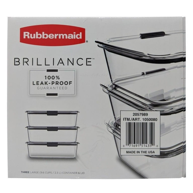 Rubbermaid Brilliance Food Storage Container, Large, 9.6 Cup, Clear, 3 Pack