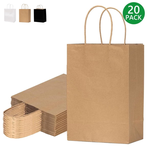 Tripumer 20 Pcs Gift Bags with Handles Kraft Paper Gift Bags 8 x 4.3 x 10.7 inch for Party Favors Grocery Brown