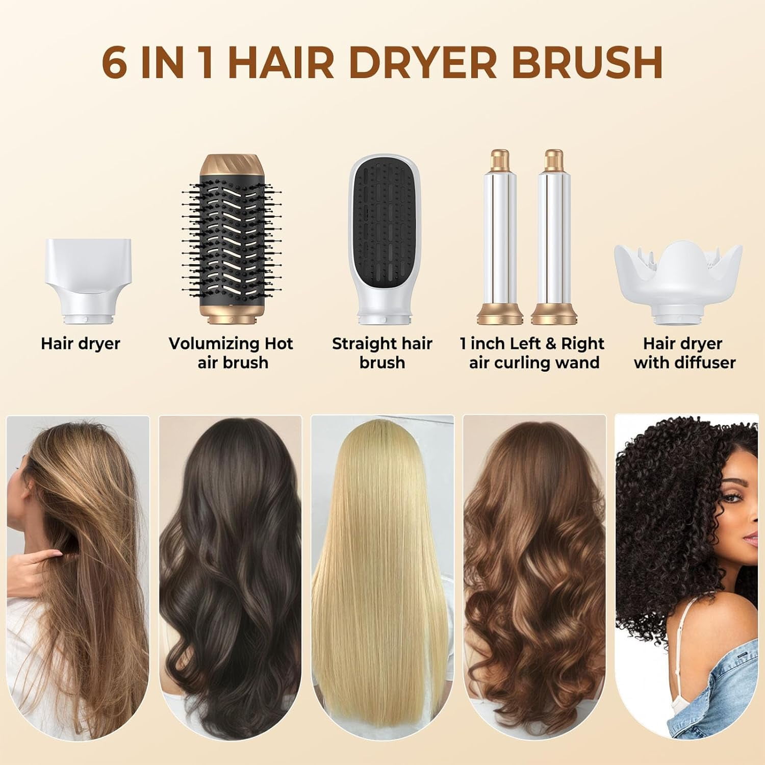 Foldable Blow Dryer Brush with Wrap Curler, 6 in 1 Hair Dryer Brush, Detachable Air Hair Styler Curling, Drying,Volumizing, Straightening, Negative Ionic Hair Dryer with Diffuser, Hair Styling Tools