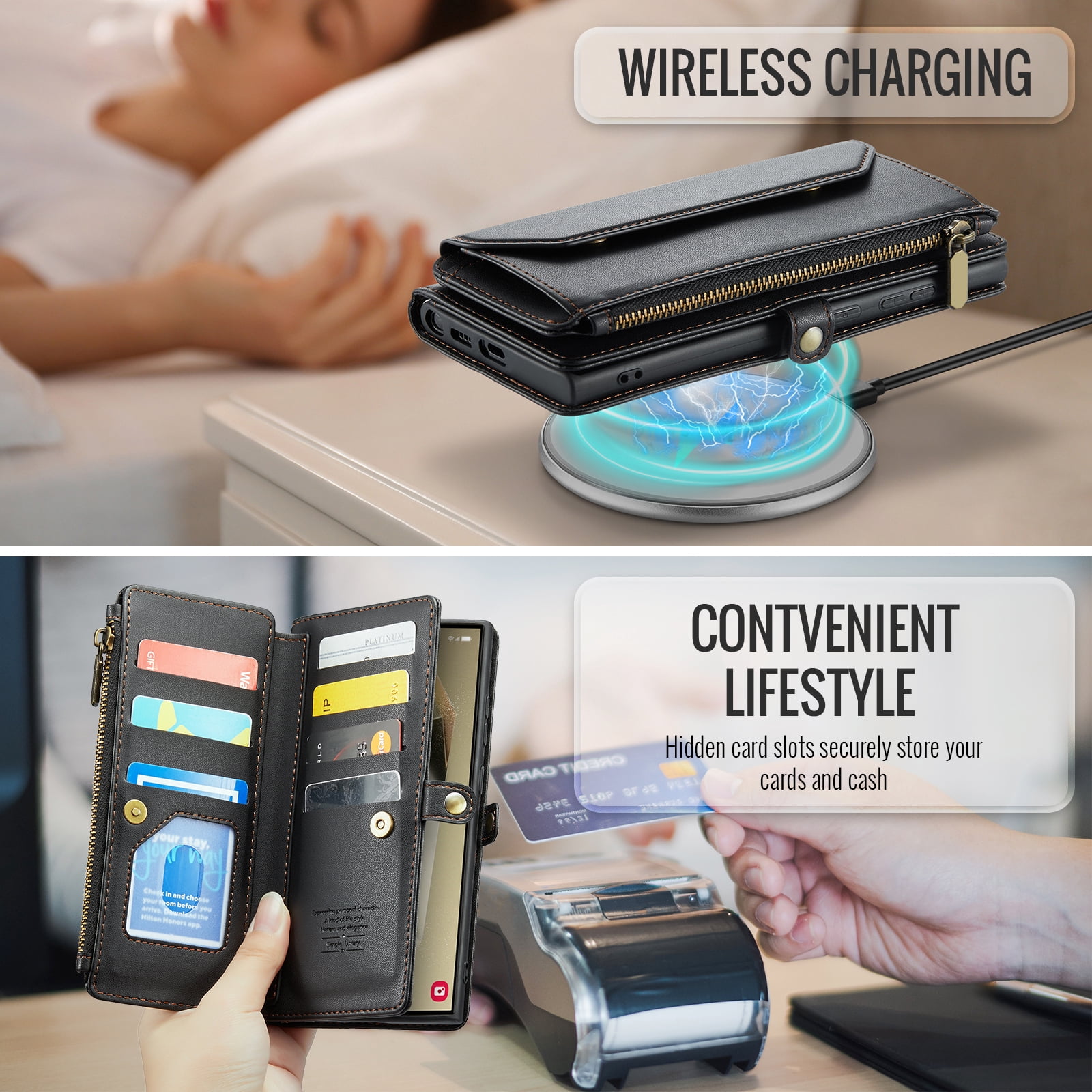 Compatible with Samsung Galaxy S24 Ultra 5G Zipper Wallet Phone Case Tempered Glass Screen Protector Crossbody Lanyard Strap Flip Card Holder Slot Cell Cover for S24Ultra 24S S 24 24Ultra Women Black