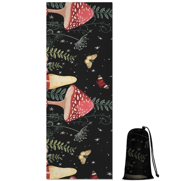 Red Mushroom Butterfly Black Pattern Hot Yoga Mat Towel Non Slip for Hot Yoga - Quick-Drying Yoga Mat Cover with 4 Corner Pockets with Travel Bag - Hot Yoga Towel Non Slip 70"x26"
