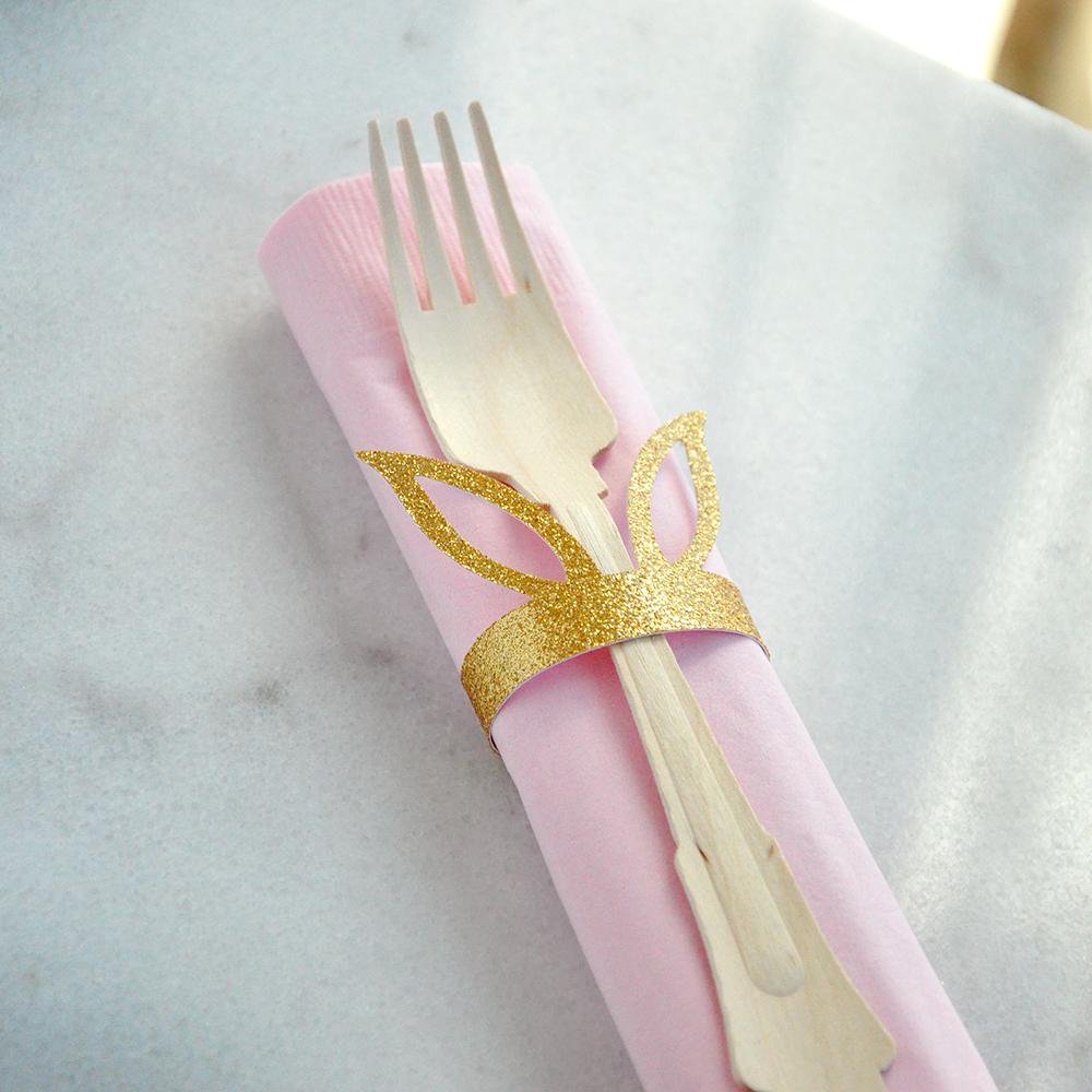 Pink and Gold Bunny Napkin Rings and Napkins (set for 10). Wooden Forks