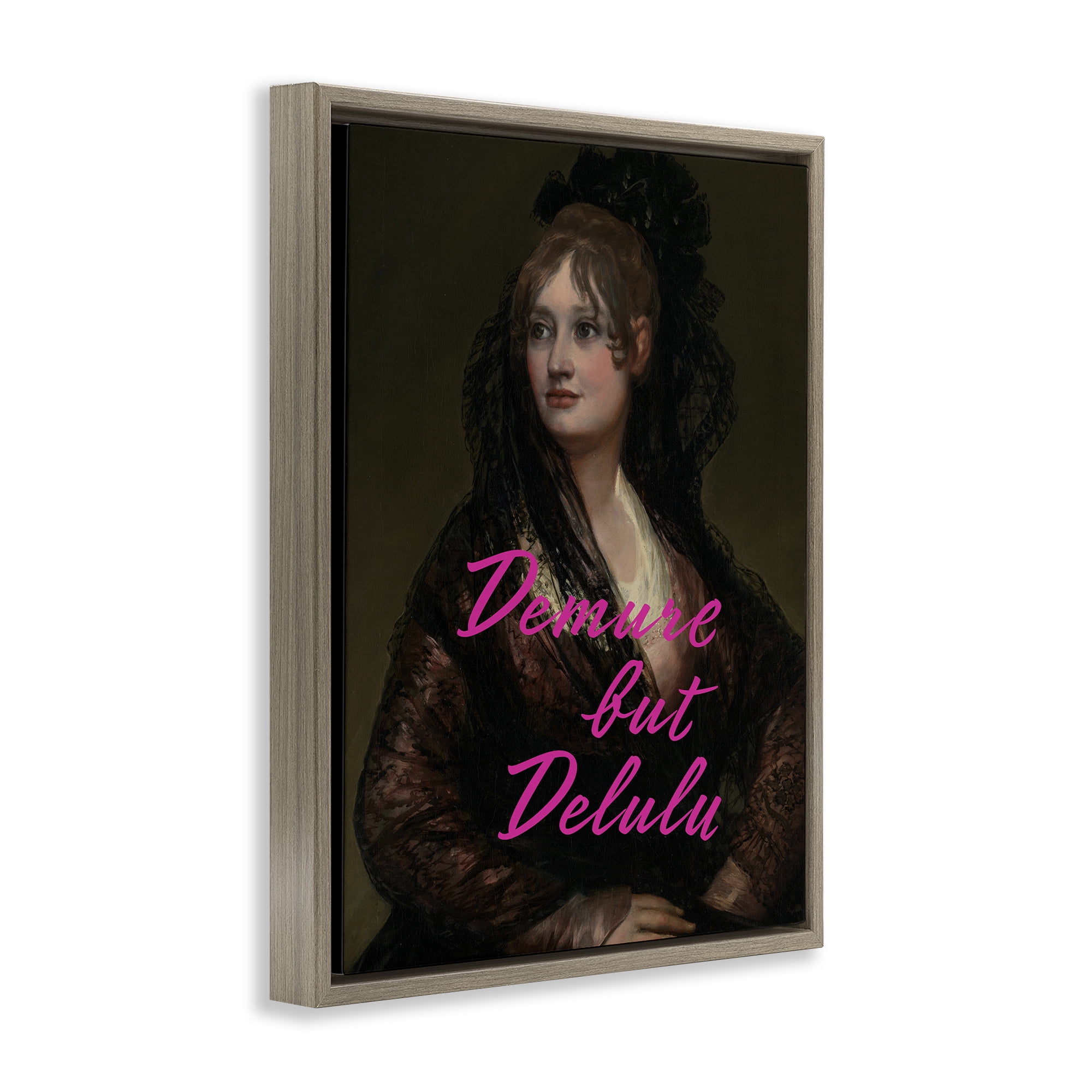 Stupell Industries Iconic Demure But Delulu Brown Framed Floater Canvas Wall Art, design by Grotto Studios
