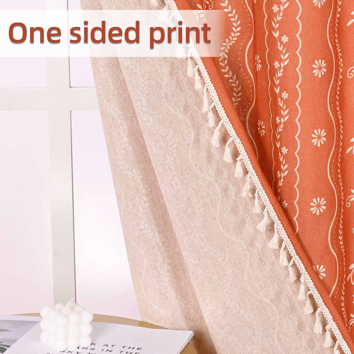 Invoibler Boho Farmhouse Muted Faded Burnt Orange Filtering Window Curtains, Linen Blend Drapes with Tassels & White Pattern, 52" x 84", Set of 2