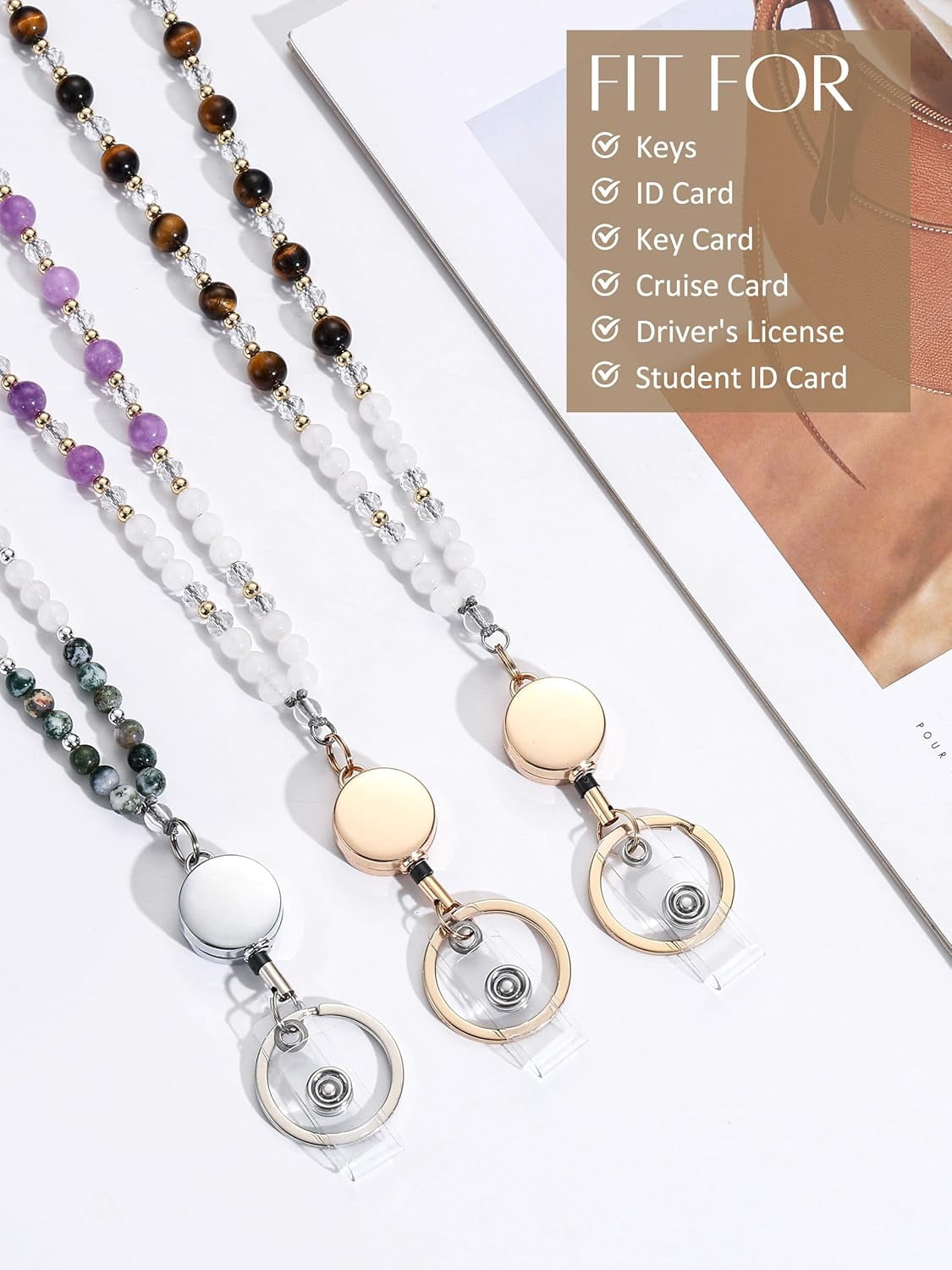 Lanyards for ID Badges and Keys, Retractable Teacher Lanyard for Women Cute, Beaded Lanyard with ID Holder Necklace Lavender Amethyst