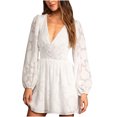 thumbnail image 1 of Robes d'Automne pour Femmes à Col en V Plongeant en Mousseline Ajourée, Manches Longues Bouffantes, Robe Taille Haute Évasée, Mini-Robe, 1 of 4
