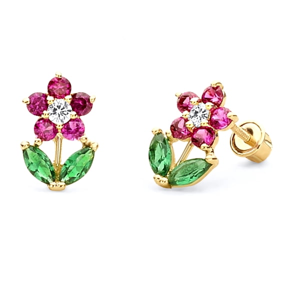 Wellingsale 14K Yellow Gold Polished Flower Stud Earrings With Screw Back