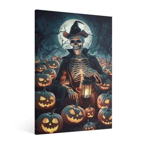 Vintage Halloween Skeleton and Pumpkin Canvas Wall Art Painting, Gothic Print Pictures for Home Wall Decor Retro Horror Creepy Dark Posters for Living Room Bedroom Home Halloween Party Decor Framed