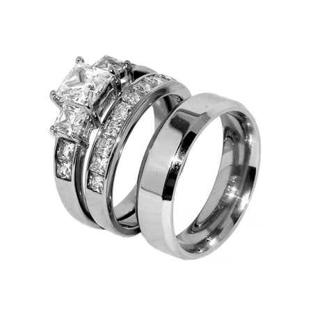 His Hers Couple 3 PCS 1 Ct Princess CZ Wedding Ring Set Mens Flat Band- Size W5M8