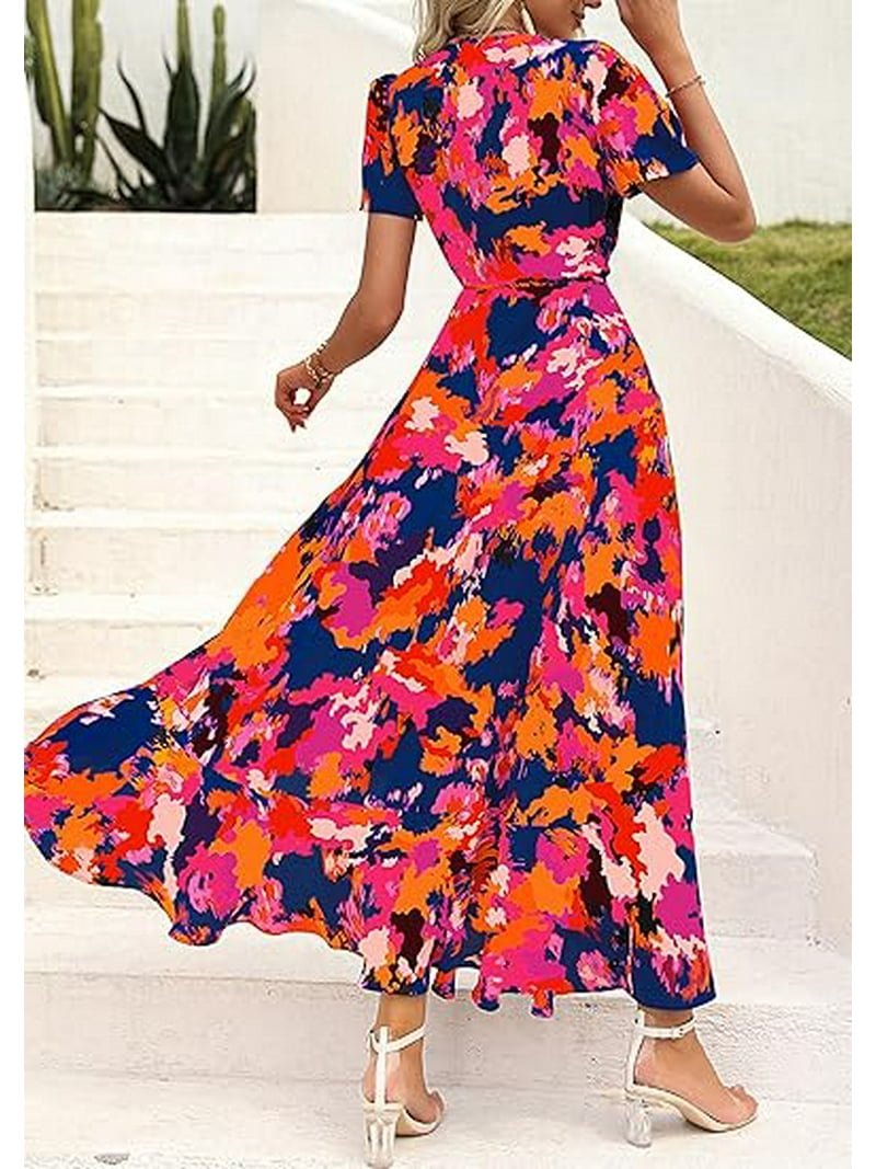 Prettygarden Women's Summer Wrap Maxi Dress Casual Boho Floral V Neck Short Sleeve Ruffle Hem Split Beach Long Dresses, Size: 2XL, Blue Prettygarden Women's Summer Wrap Maxi Dress Casual Boho Floral V Neck Short Sleeve Ruffle Hem Split Beach Long Dresses, Size: 2XL, Blue