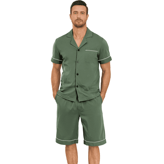 EA'S SECRET Mens Pajamas Set 100% Cotton Short Sleepwear Sets Classic Button Down Loungewear Summer Mens Pjs Sets With Pockets (Army Green,M)