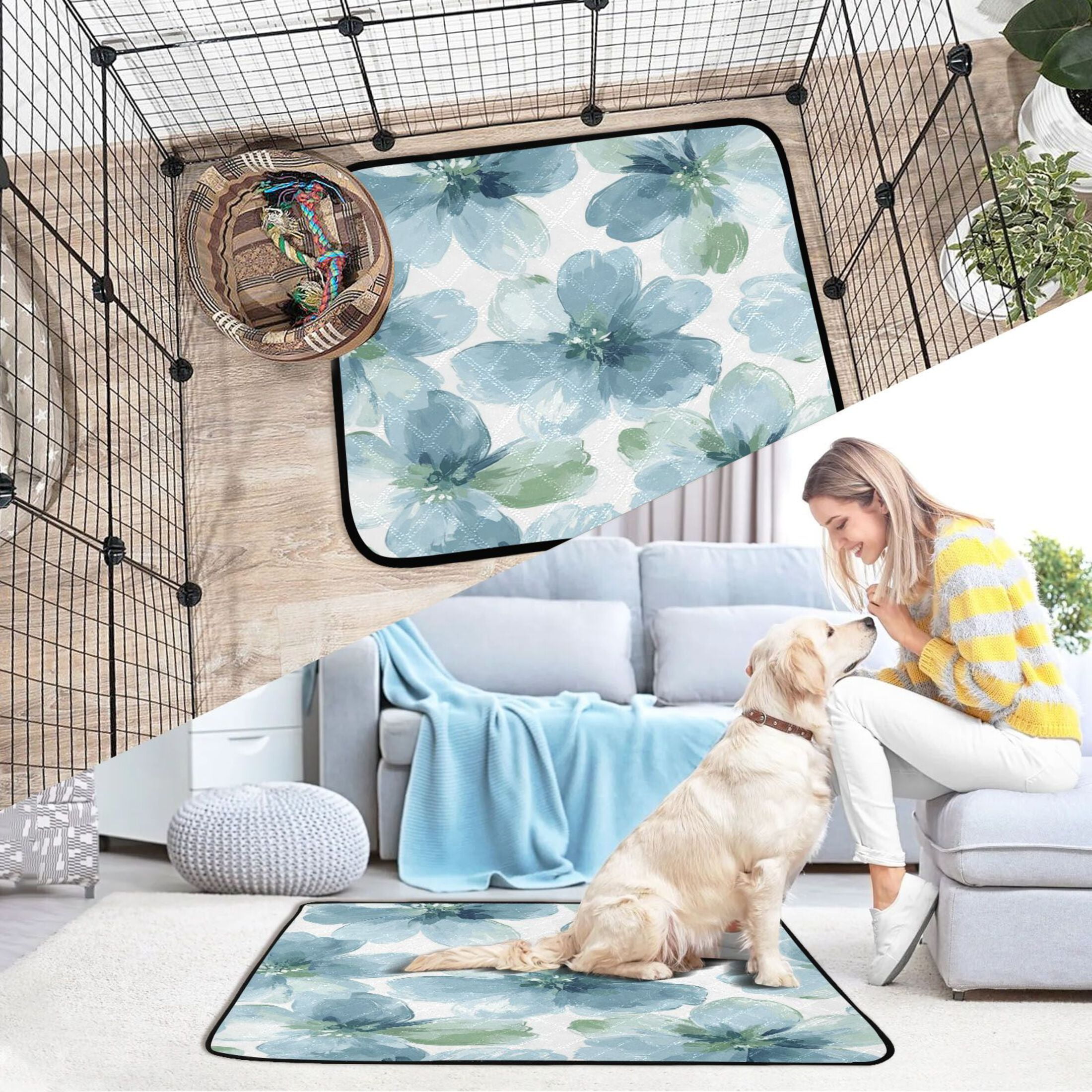 Qxltty Elegant Flowers in Shades Of Blue Cat litter Pads Pet Set of 3 Diaper Mats Center Anti-leakage Layer Absorbent Soft and Comfortable