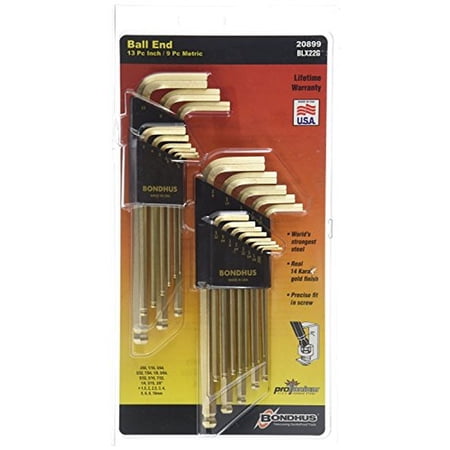 Bondhus 20899 GoldGuard Balldriver Metric & SAE Hex Key Set – 22 Piece Ball End L-Wrench Double Set (.050"–3/8" & 1.5–10mm) with Color-Coded Case