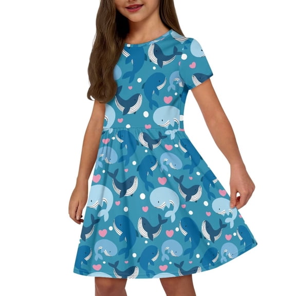 Uourmeti Whales Summer Dresses for Girls 2-14 Cute Short Sleeve Swing Dress Lightweight Soft Crewneck Knee Length A-Line Dresses with Pockets