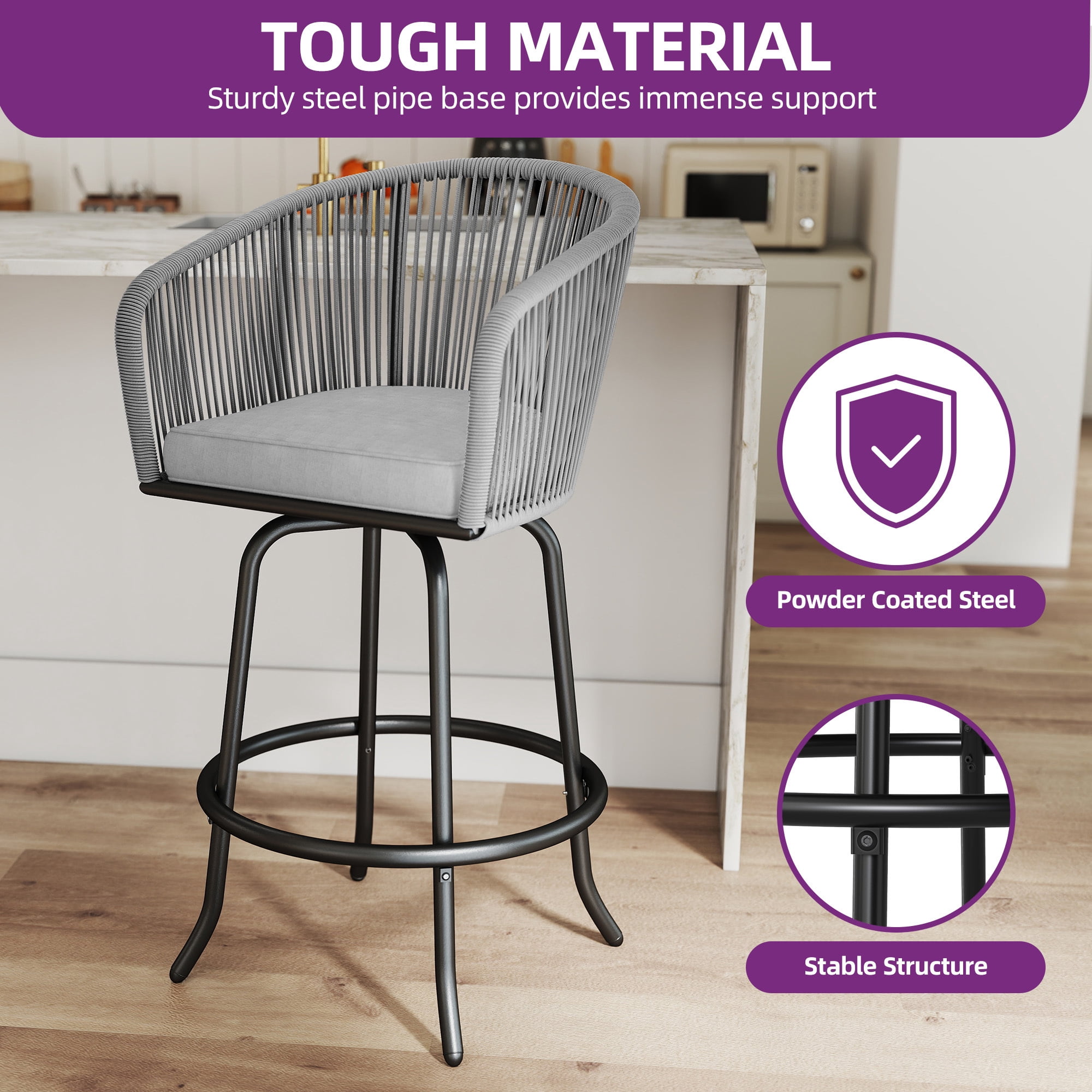 Uforic Set of 2 Patio Bar Stools, Counter Height Swivel Bar Stools with Cushions, Outdoor Rattan Patio Chairs for Indoor Outdoor Backyard Balcony Deck Lawn, Gray