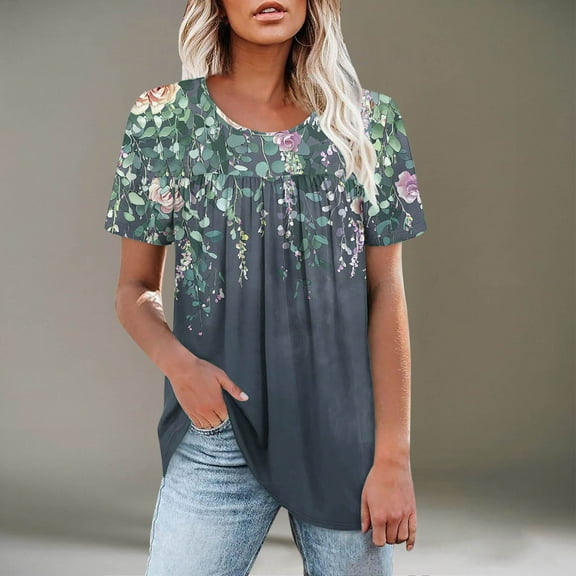Womens Tops Short Sleeve Floral Print Pleated Round-Neck Casual Blouses Shirts Gray,Blouse for Women
