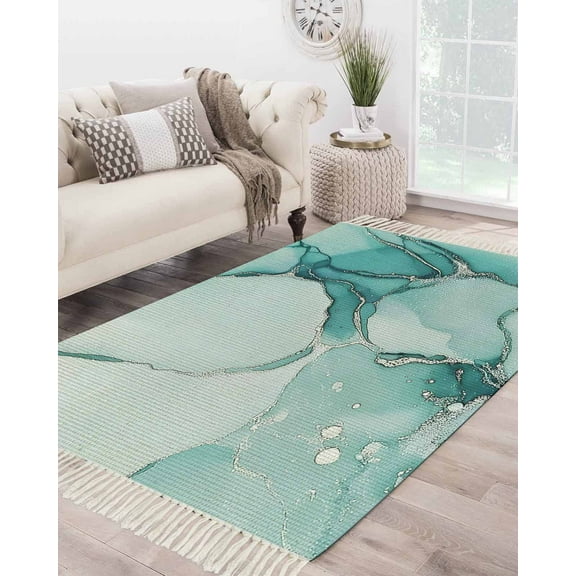 Turquoise Marble Large Area Rug 4x6ft Woven Runner Rug,Nature Marble Crack Country Retro Washable Living Room Bedroom Kitchen Bathroom Classroom Carpet with Tassels,Indoor Outdoor Throw Door Mat