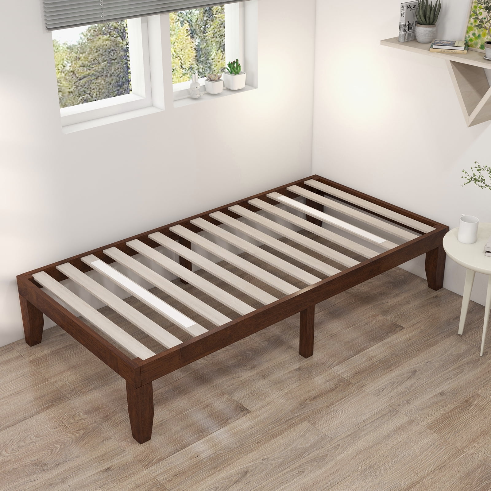 Costway Mid-Century Modern Plywood Twin Brown Cherry