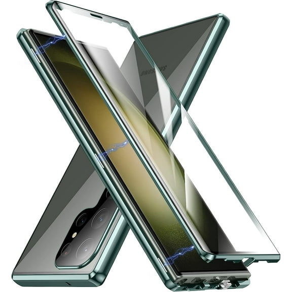Case for Samsung Galaxy S23 Ultra, 360 Degree Front and Back Clear Tempered Glass Full Body Protection Magnetic Adsorption Metal Bumper Frame Flip Cover for Samsung Galaxy S23U (Green)