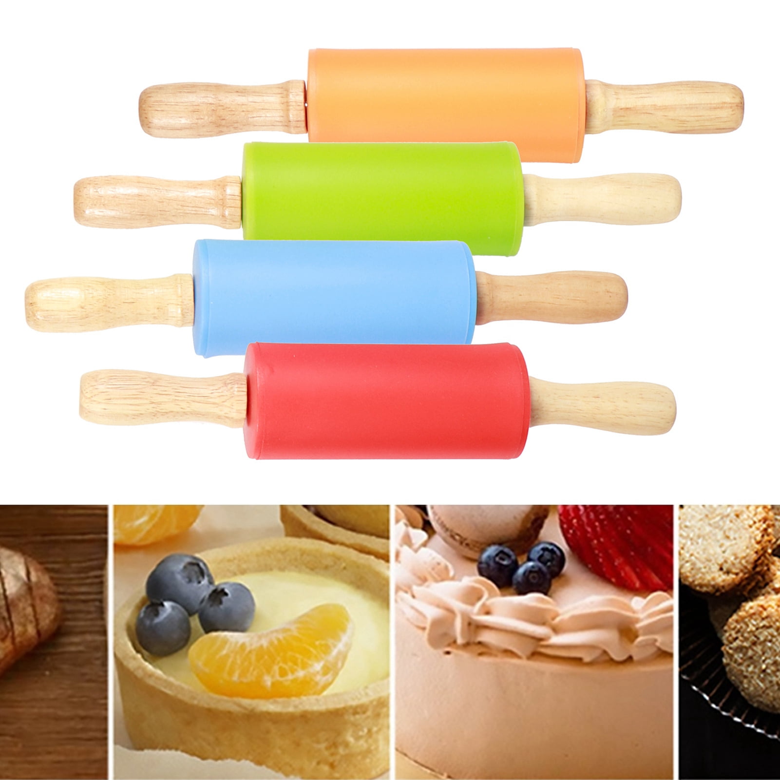 Children Non-stick Surface Dough Cake Decor Silicone Rolling Pin Wood Handle 
