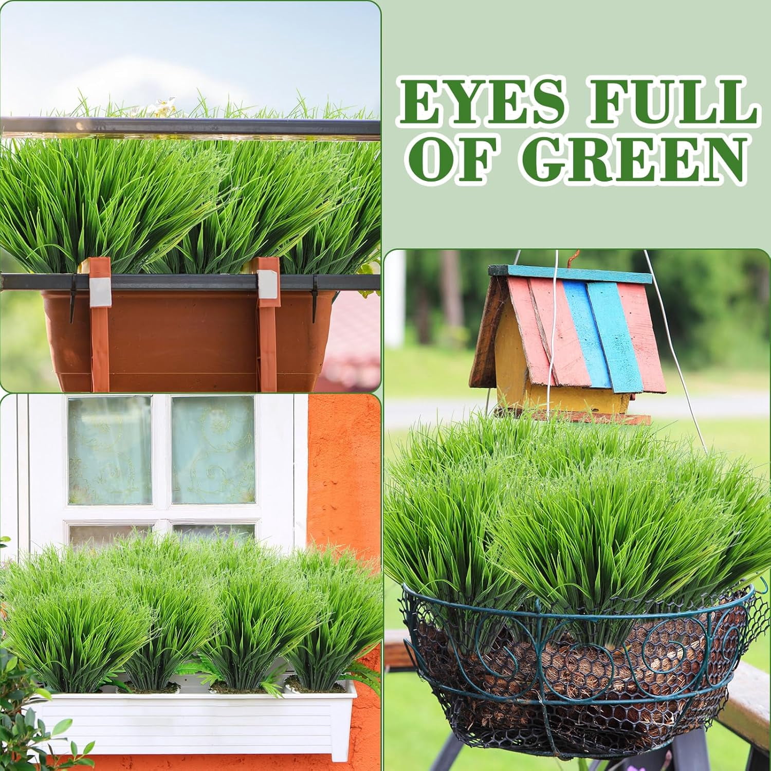 24 Bundles Artificial Greenery for Outdoors,Fake Wheat Grass Faux Shrubs Plants UV Resistant for Patio Garden Porch Window Box Spring Home Decor, Green
