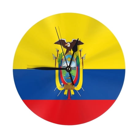 9.84in Round Wall Clock Frameless No Glass Silent Non-Ticking Pvc Board Stand For Tabletop Or Wall Kitchen Living Room Office Bedroom Flag Ecuador Coat Arms Accurate