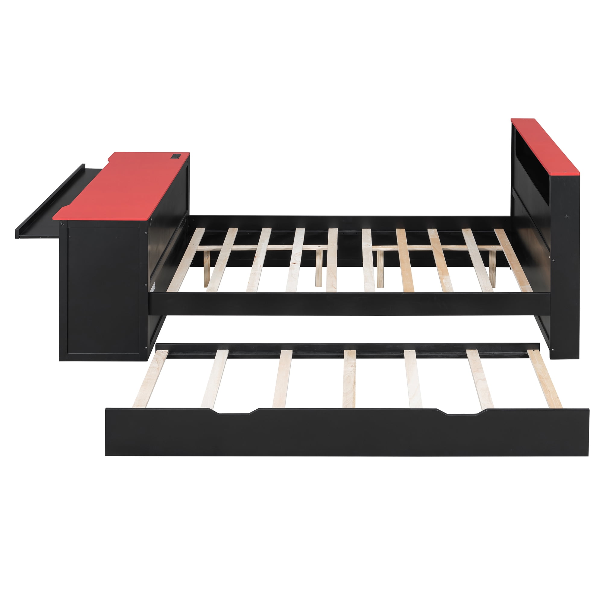 Mintazer Full Gaming Bed with Charge Station & Lights, Daybed with Desk & Trundle for Home Office, Black & Red