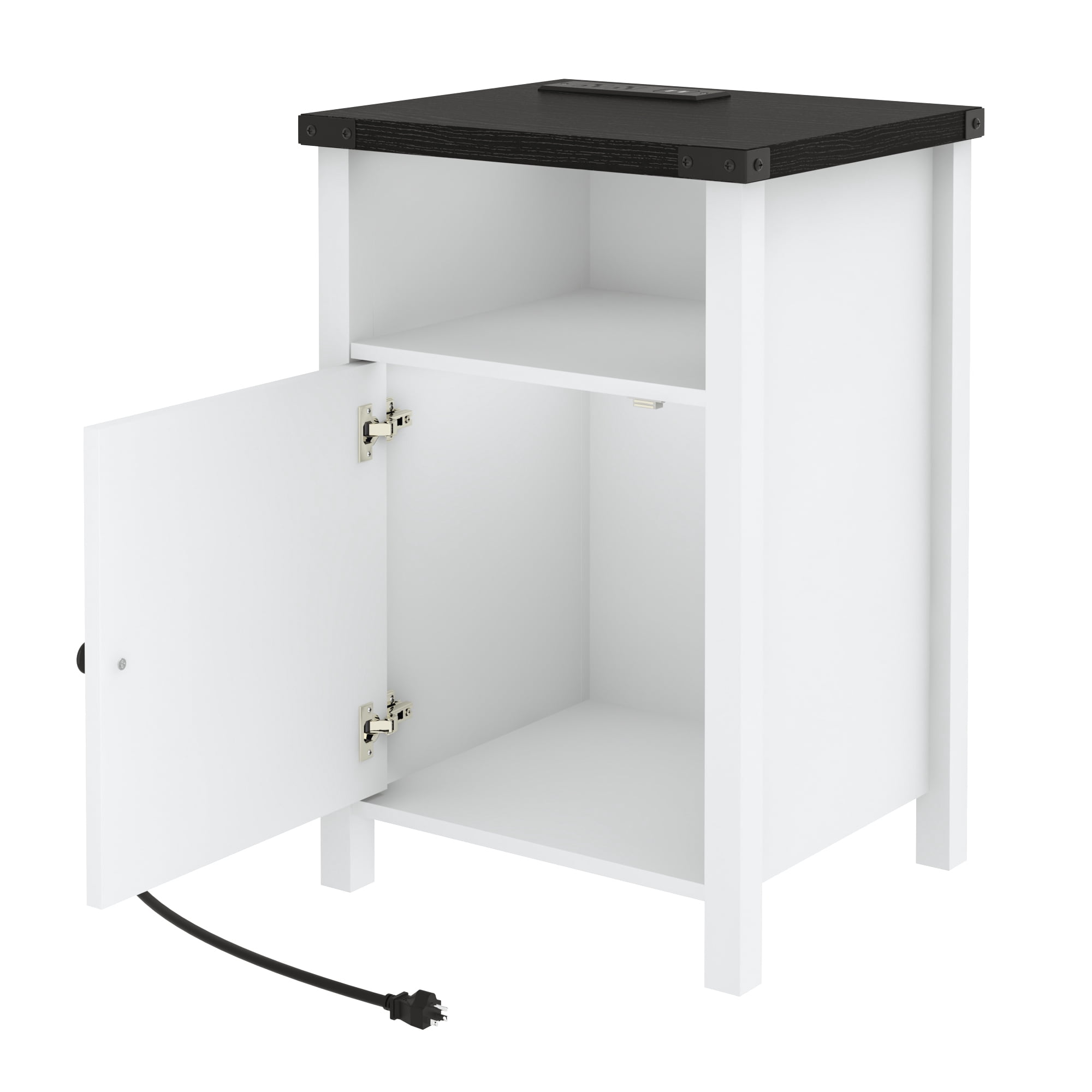 ChVans Farmhouse Set of 2 Nightstand with LED Lights & Charging Station for Bedroom, Rustic End Table with Barn Door & Storage Shelf for Living Room, Black&White