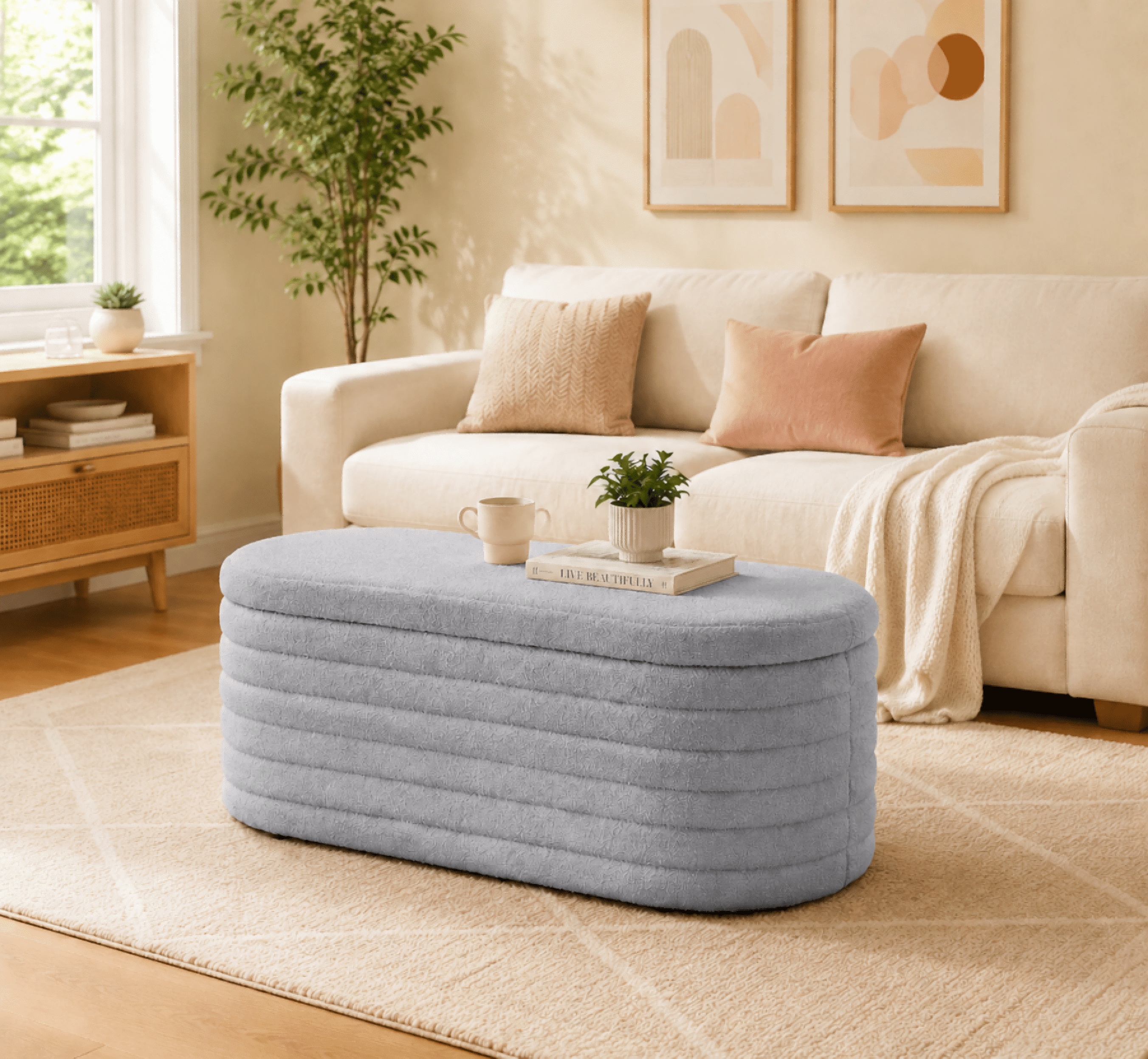 Storage Ottoman Bench End of Bed for Bedroom,43 inch Teddy Boucle Upholstered Entryway Shoe Seat Bench w/Storage,Sherpa Modern Cute Stool Foot Rest for Living Room,Window Seating,Light Gray