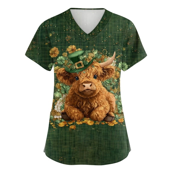 Womens St. Patrick's Day Scrub Tops Cute Clover Print Short Sleeve Nurse Working Uniforms St. Patrick's Day Stretch Nursing Medical Scrubs T Shirts with Pockets
