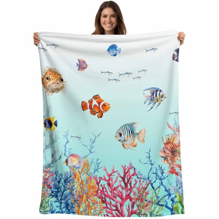 Flannel Fleece Throw Blanket Summer Ocean Fish Coral Lightweight Soft Plush Blankets,Blue Sea Underwater World Cozy Warm Throw Blanket for Couch Sofa Bed Car Office All Season Use 40x50in