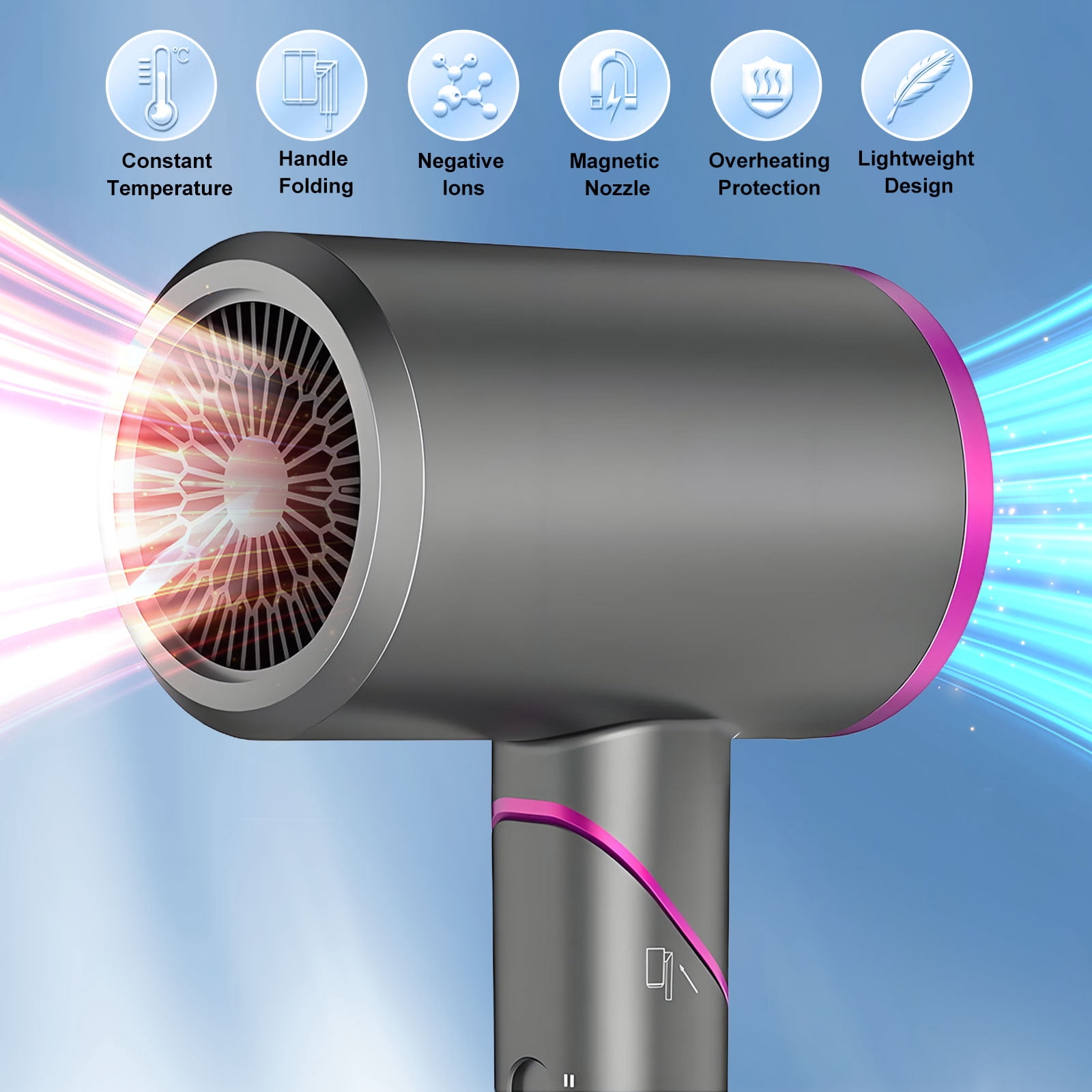Rirool 1800W Ionic Hair Dryer with Diffuser, 2 Speed & 3 Heat Settings, Foldable Travel Blow Dryer, Frizz Control & Constant Temperature, Lightweight for Curly/Straight Hair, Crimson Purple