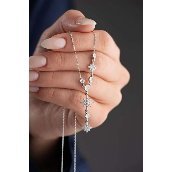 1.50CT Round Cut Simulated Diamond 925 Silver Lariat Flowing Star Necklace 14k White Gold Plated