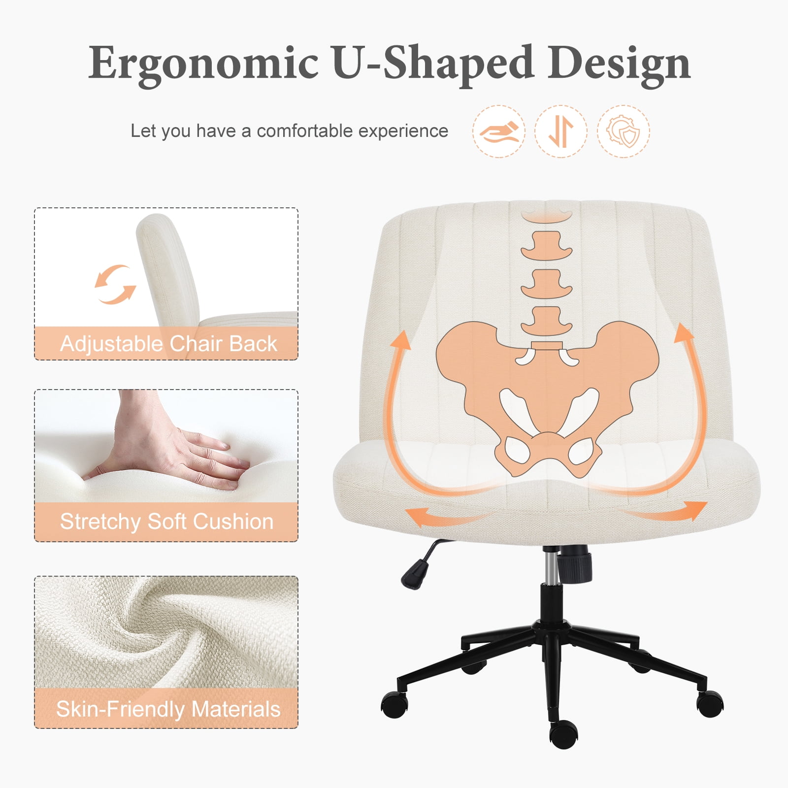 JIOABL Criss Cross Chair with Wheels,Wide Seat Ergonomic Desk Chair,U Shaped Backrest,Height Adjustable Armless Swivel Chair for Home Office,Vanity & Living Room,Linen Beige