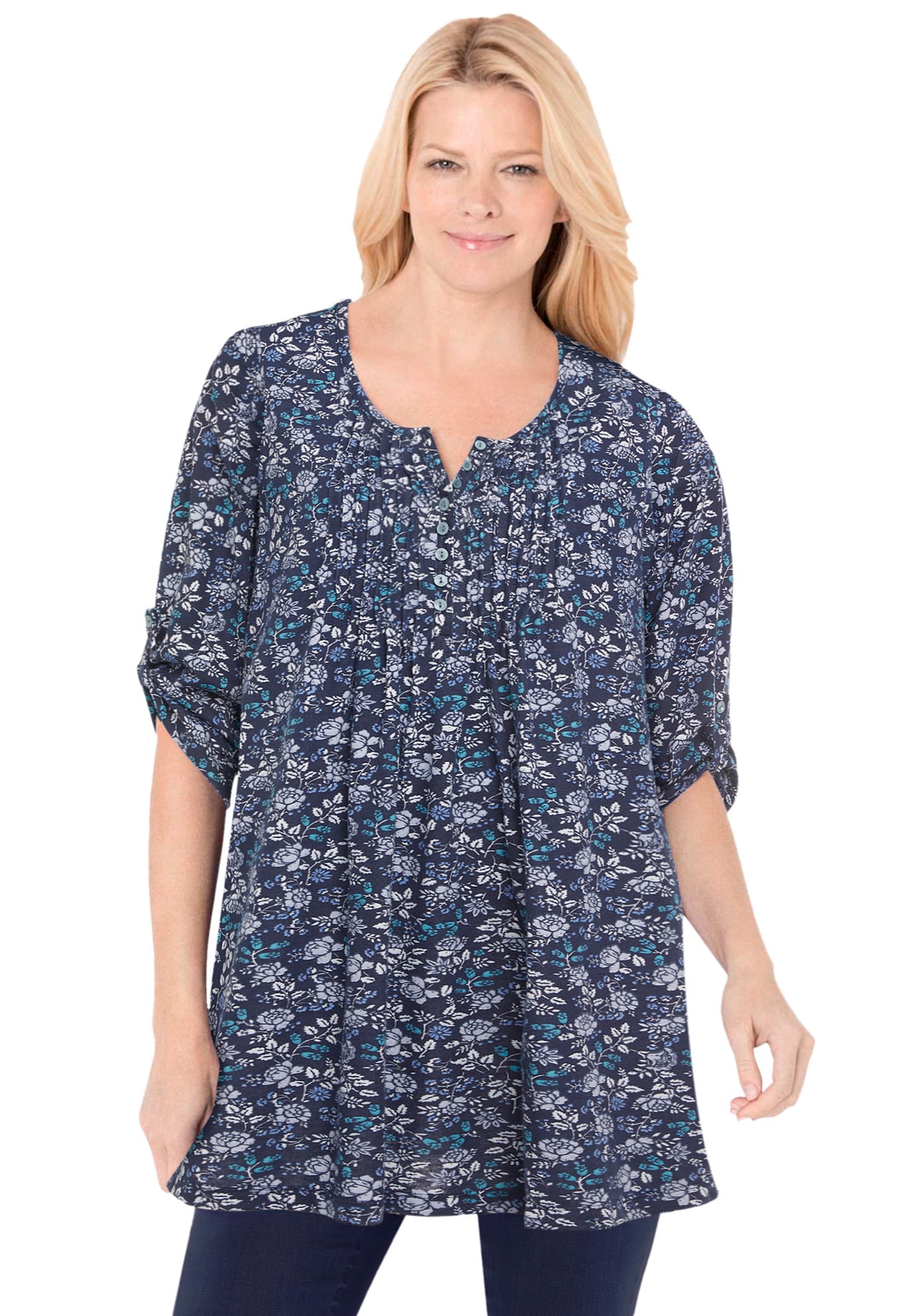 Woman Within Women's Plus Size 7-Day Three-Quarter Sleeve Pintucked ...