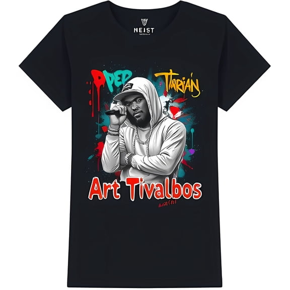 Black T-Shirt with Colorful Rapper Graphic 'Art Tivallbos' Design
