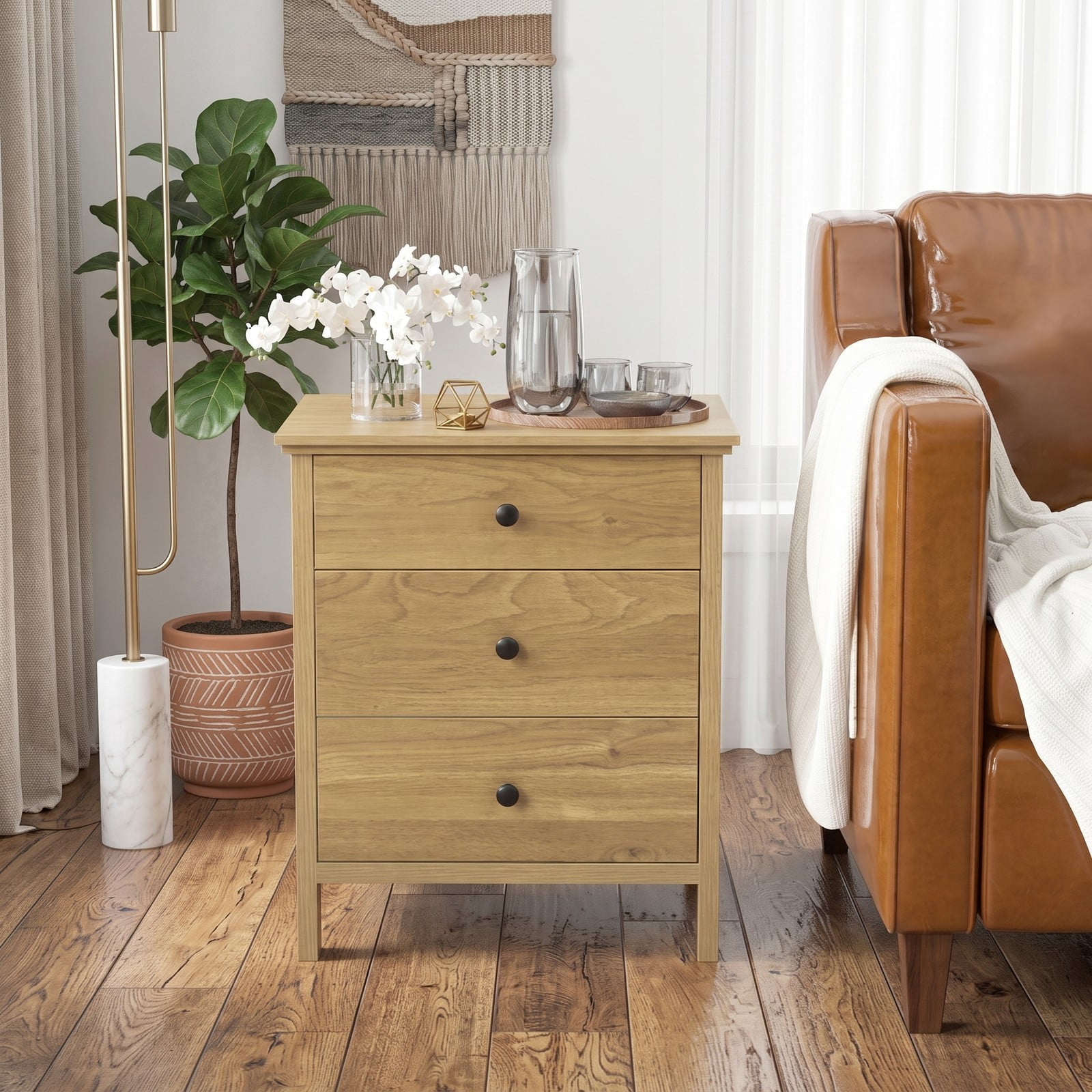 Furnibear 3-Drawer Wooden Nightstand with Wide Tabletop and Smooth Metal Slides for Bedroom Living Room and Study, Natural