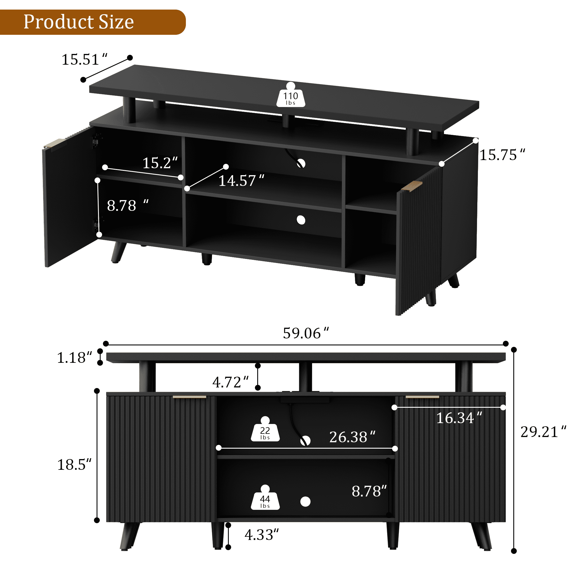 Laintene TV Stand for 65" TV, LED Entertainment Center with Adjustable Shelves, Storage Cabinets & Power Outlets, Fluted TV Console for Living Room, Black Finish