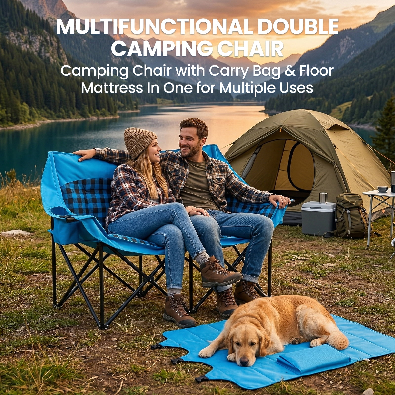 ABORON Oversized Double Camping Chair, Folding 2 Person Camping Chair Loveseat, Extra-Thick Padded Duo Chair Camping Couch, Portable Double Camp Chair, Lawn Chairs, Camping Bench with Carrying Bag